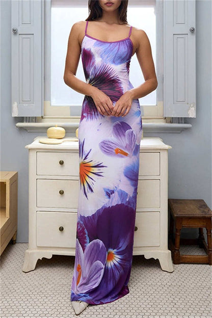 Casual Print Backless Spaghetti Strap Long Dresses