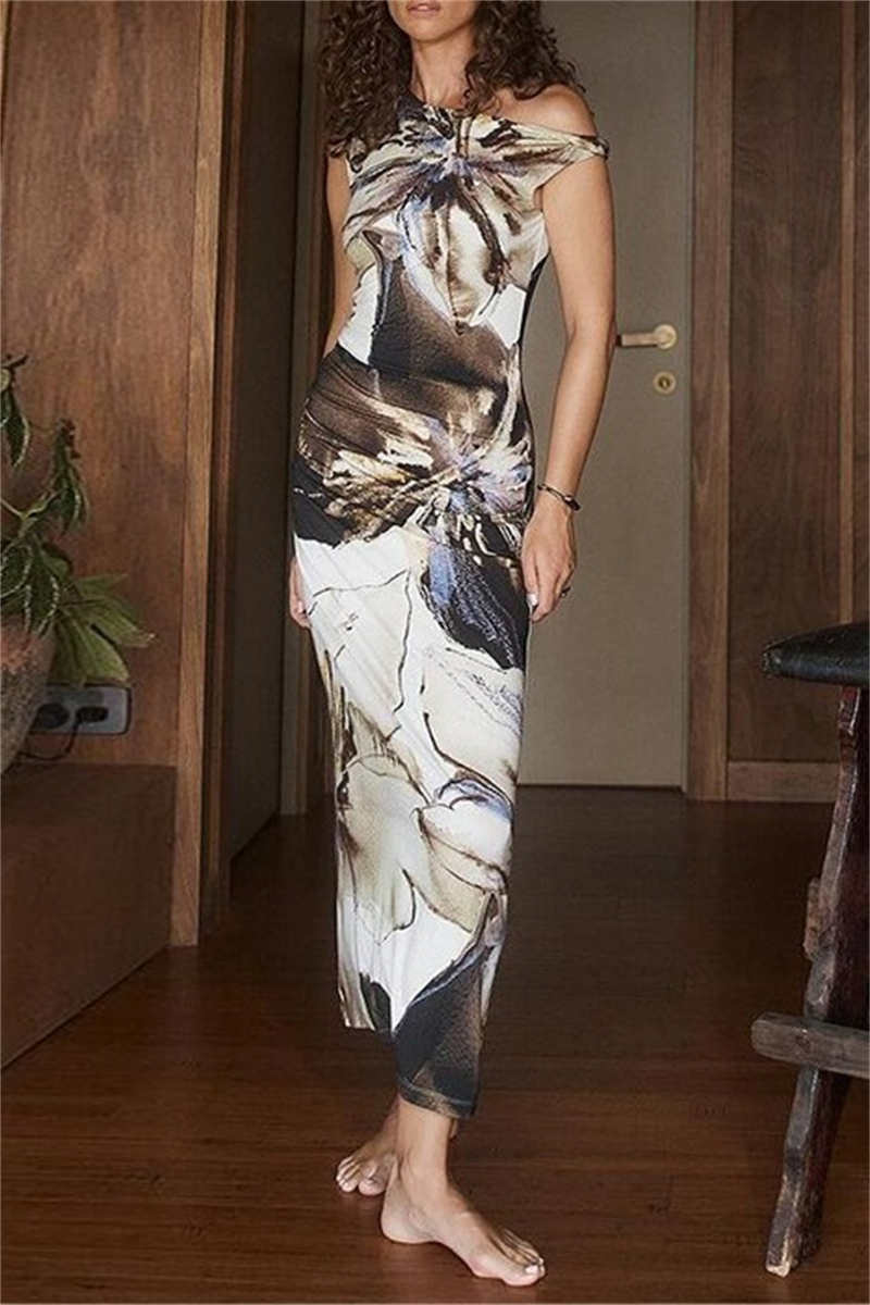 Sexy Casual Print Basic Oblique Collar Long Dresses