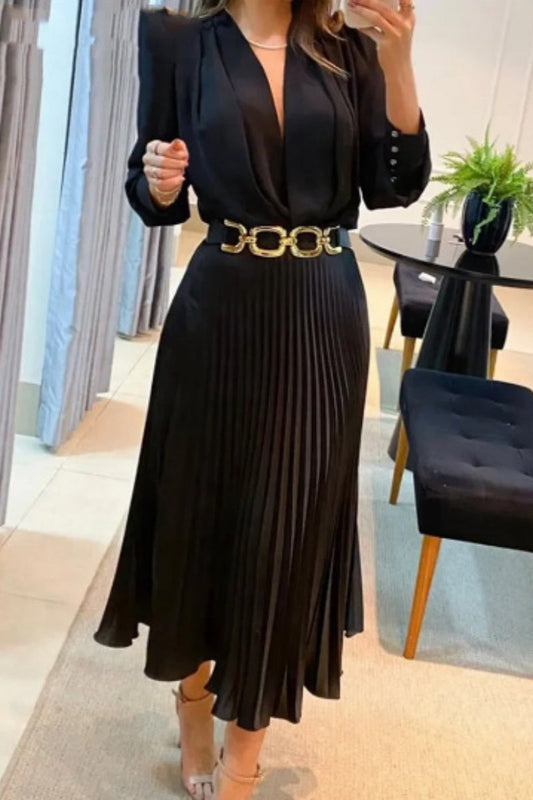 Casual Solid Patchwork V Neck Long Sleeve Dresses (Without Belt) Black