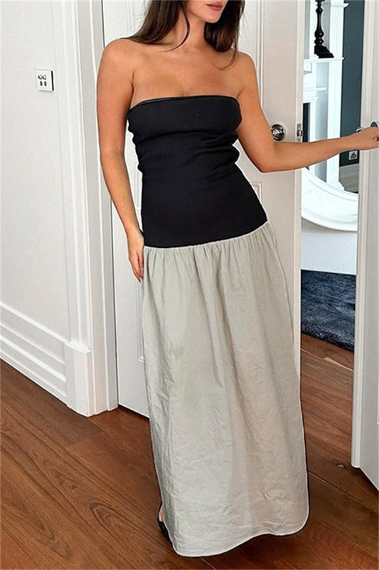 Casual Patchwork Backless Contrast Strapless Long Dresses Grey