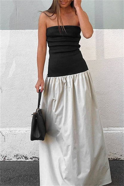 Casual Patchwork Backless Contrast Strapless Long Dresses