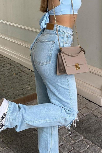 Casual Solid Ripped High Waist Denim Jeans