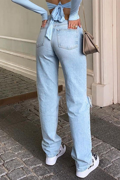 Casual Solid Ripped High Waist Denim Jeans