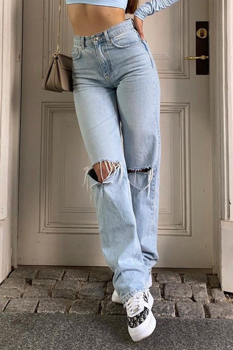 Casual Solid Ripped High Waist Denim Jeans Baby Blue