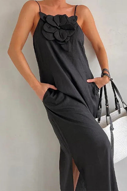 Casual Street Solid Flowers Pocket Slit Sling Dresses Black