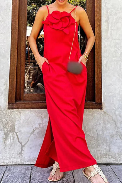 Casual Street Solid Flowers Pocket Slit Sling Dresses Red