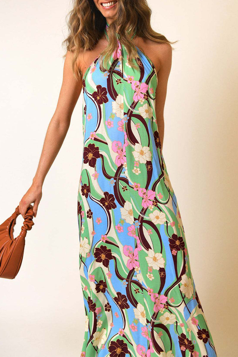 Bohemian Vacation Floral Frenulum Backless Printed Dresses Multicolor