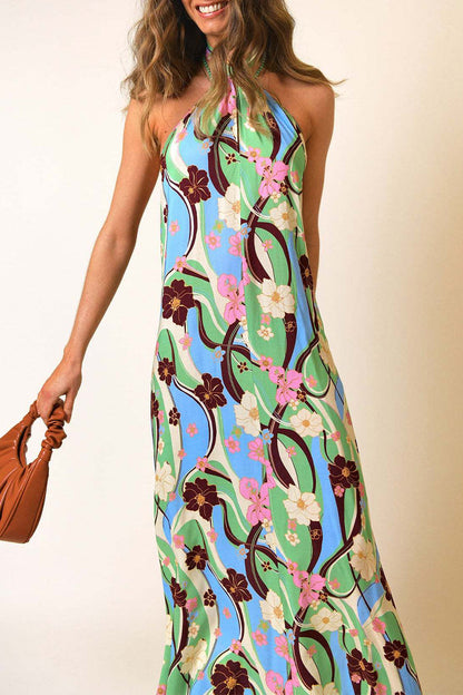 Bohemian Vacation Floral Frenulum Backless Printed Dresses Multicolor