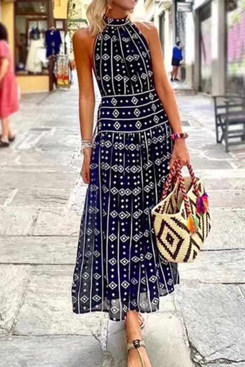 Vintage Elegant Print Rhombic Patchwork Halter Printed Dresses Navy Blue