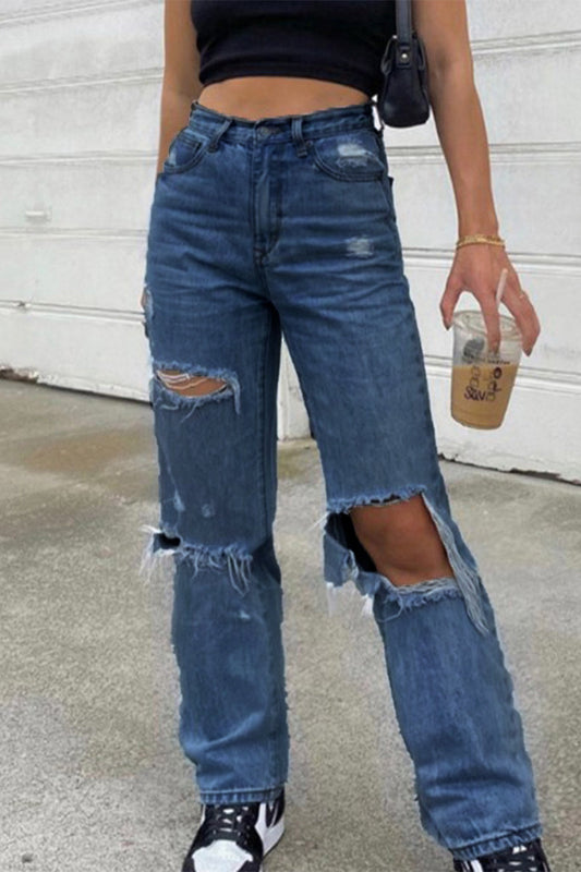 Casual Street Solid Ripped High Waist Loose Denim Jeans Blue