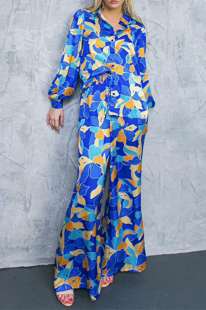 Casual Vintage Geometric Print Contrast Turndown Collar Long Sleeve Two Pieces Blue