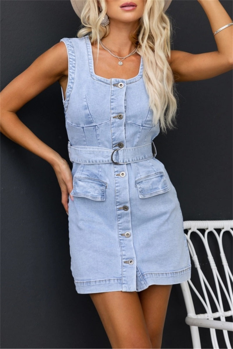 Casual Solid Patchwork Pocket U Neck Sleeveless Skinny Denim Dresses