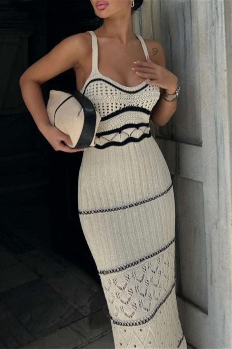 Sexy Casual Patchwork Backless Slit Spaghetti Strap Long Dresses