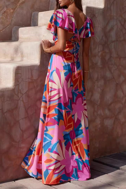 Sexy Vacation Floral Backless Flounce V Neck Beach Dresses