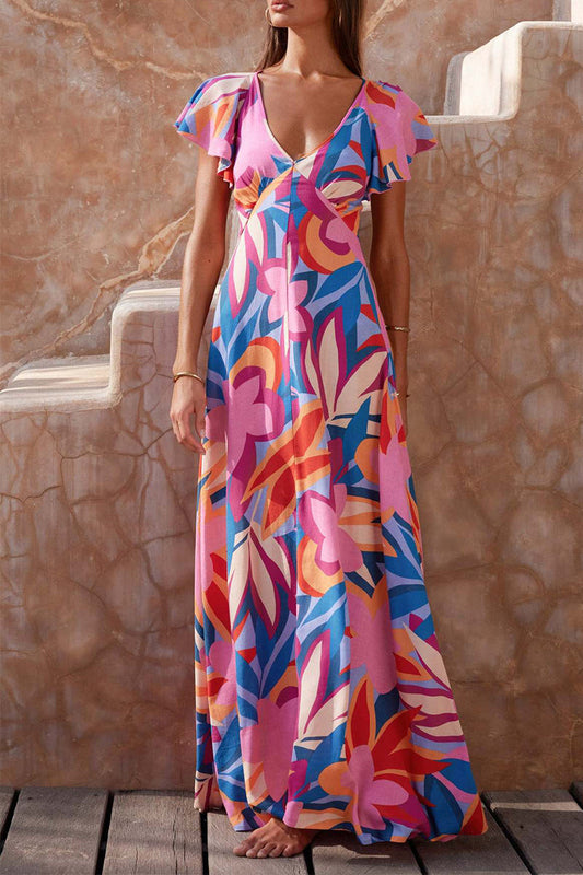 Sexy Vacation Floral Backless Flounce V Neck Beach Dresses Multicolor