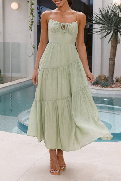 Sweet Elegant Solid Frenulum Backless Fold Sling Dresses Light Green