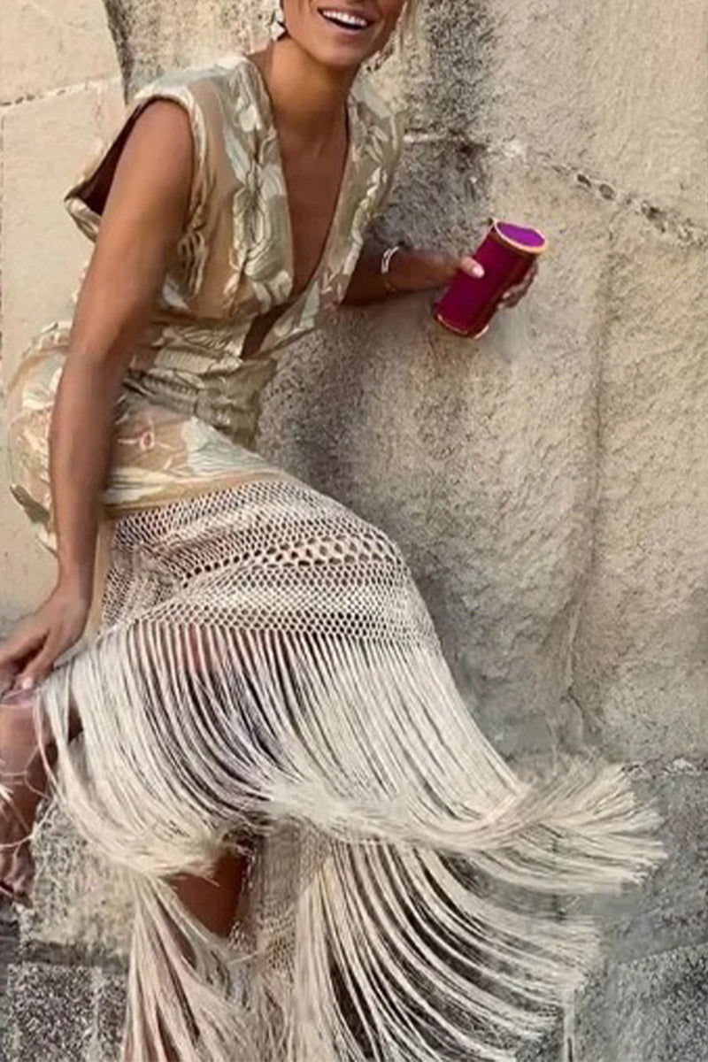 Sexy Bronzing Heart Shaped Tassel Asymmetrical V Neck Dresses