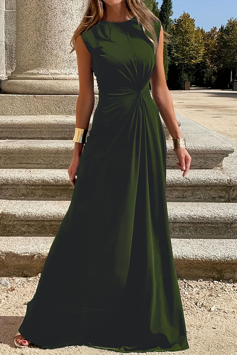 Elegant Simplicity Solid Fold O Neck Vest Dresses Army Green