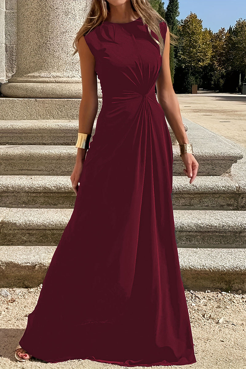 Elegant Simplicity Solid Fold O Neck Vest Dresses Burgundy