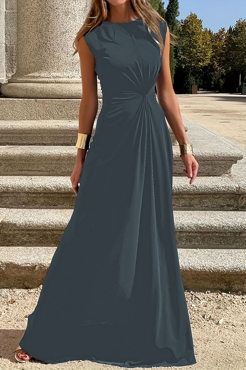 Elegant Simplicity Solid Fold O Neck Vest Dresses Blue Gray