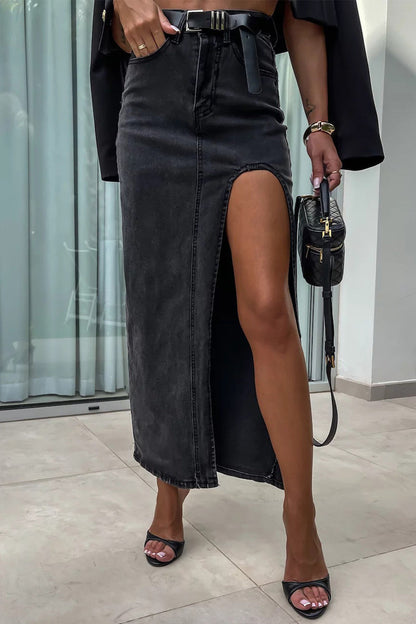 Vintage Elegant Solid Pocket Slit Asymmetrical High Waist Denim Skirts Black