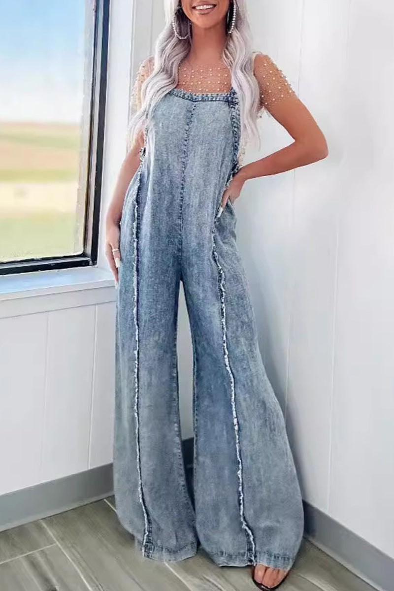 Casual Street Solid Patchwork Backless Square Collar Sleeveless Loose Denim Jumpsuits White Blue