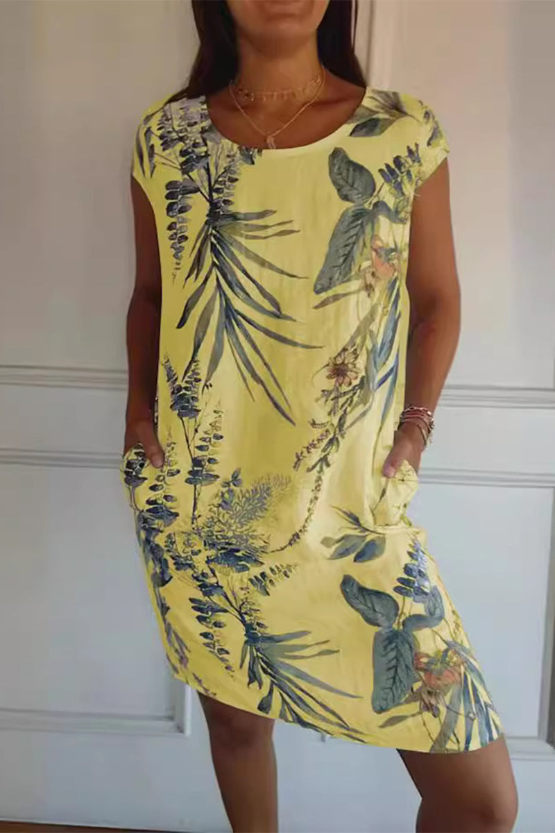 Casual Floral Pocket O Neck Printed Dresses Yellow