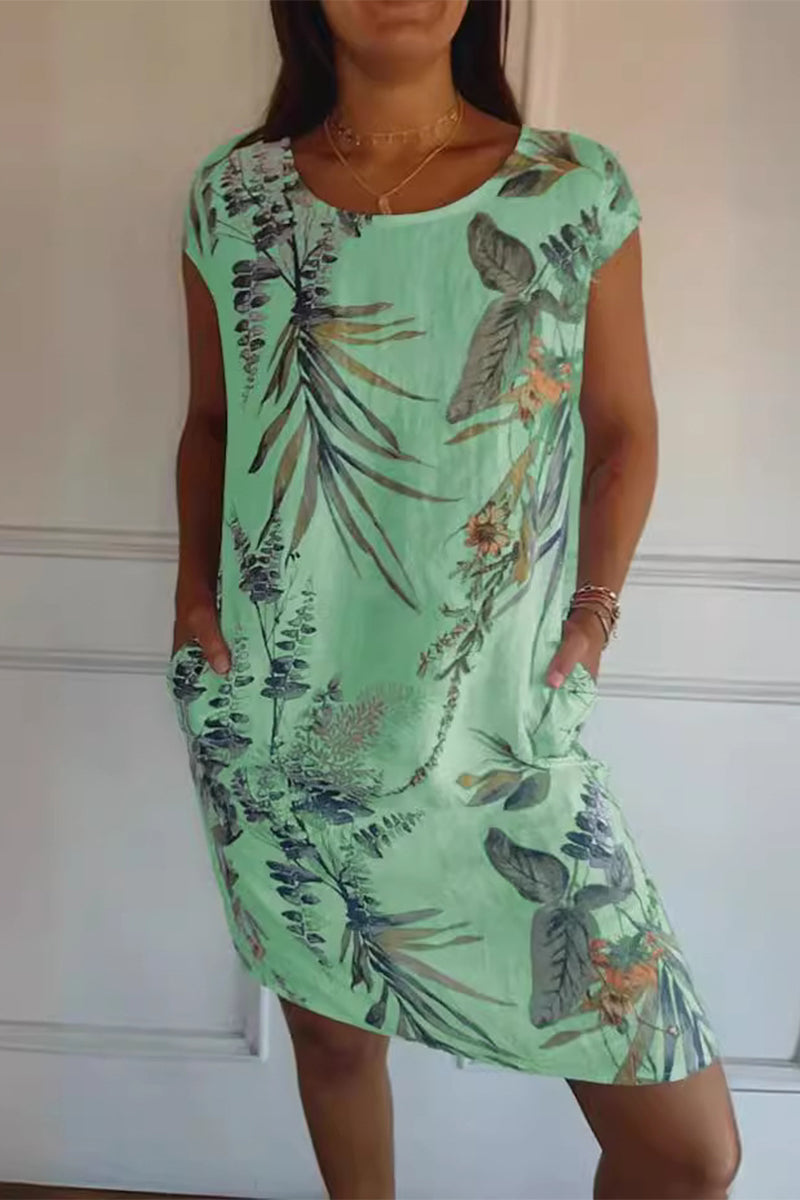 Casual Floral Pocket O Neck Printed Dresses Green