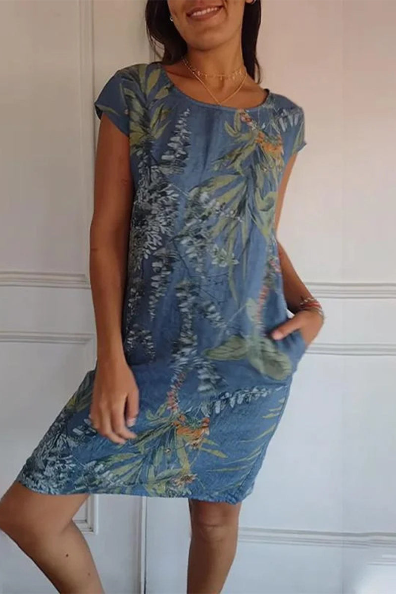 Casual Floral Pocket O Neck Printed Dresses Blue