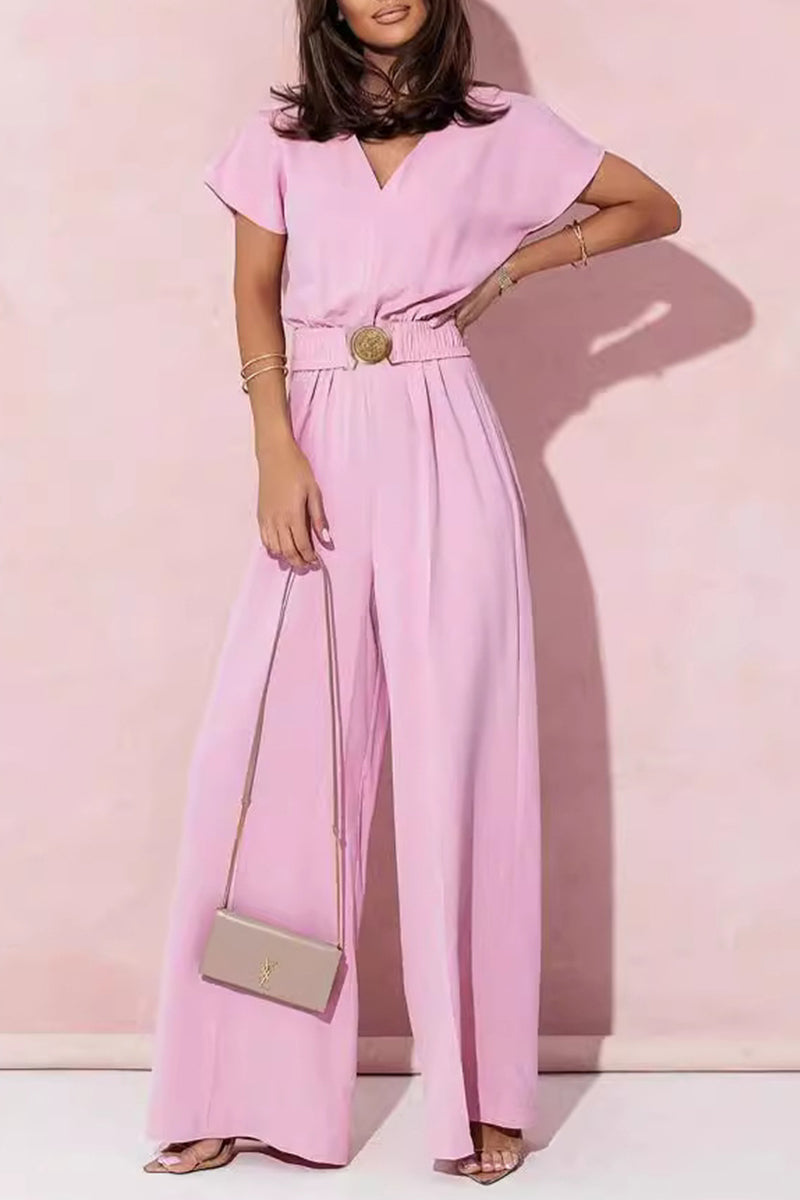 Casual Solid Metal Accessories Decoration V Neck Loose Jumpsuits Pink