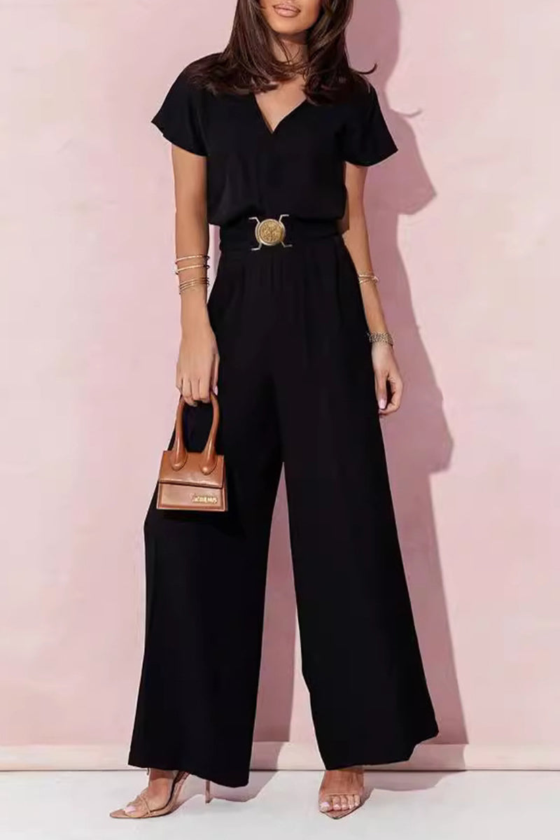 Casual Solid Metal Accessories Decoration V Neck Loose Jumpsuits Black