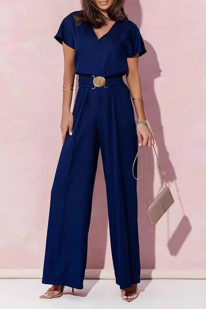 Casual Solid Metal Accessories Decoration V Neck Loose Jumpsuits Navy Blue