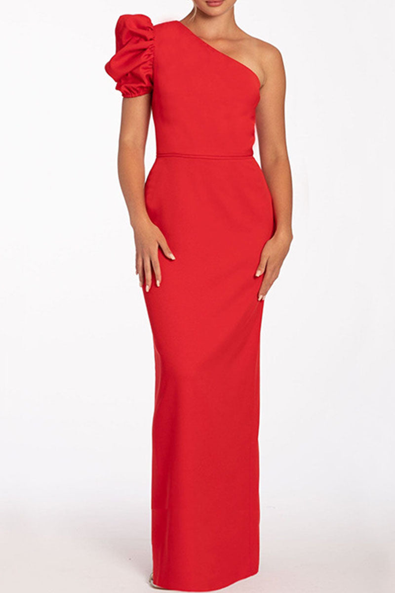 Casual Solid Backless Oblique Collar Long Dresses Red