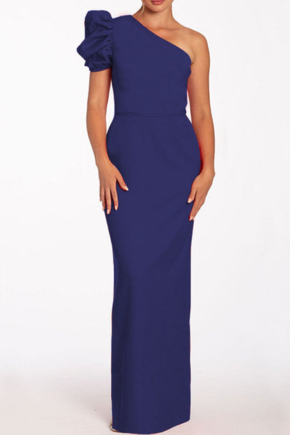 Casual Solid Backless Oblique Collar Long Dresses Deep Blue