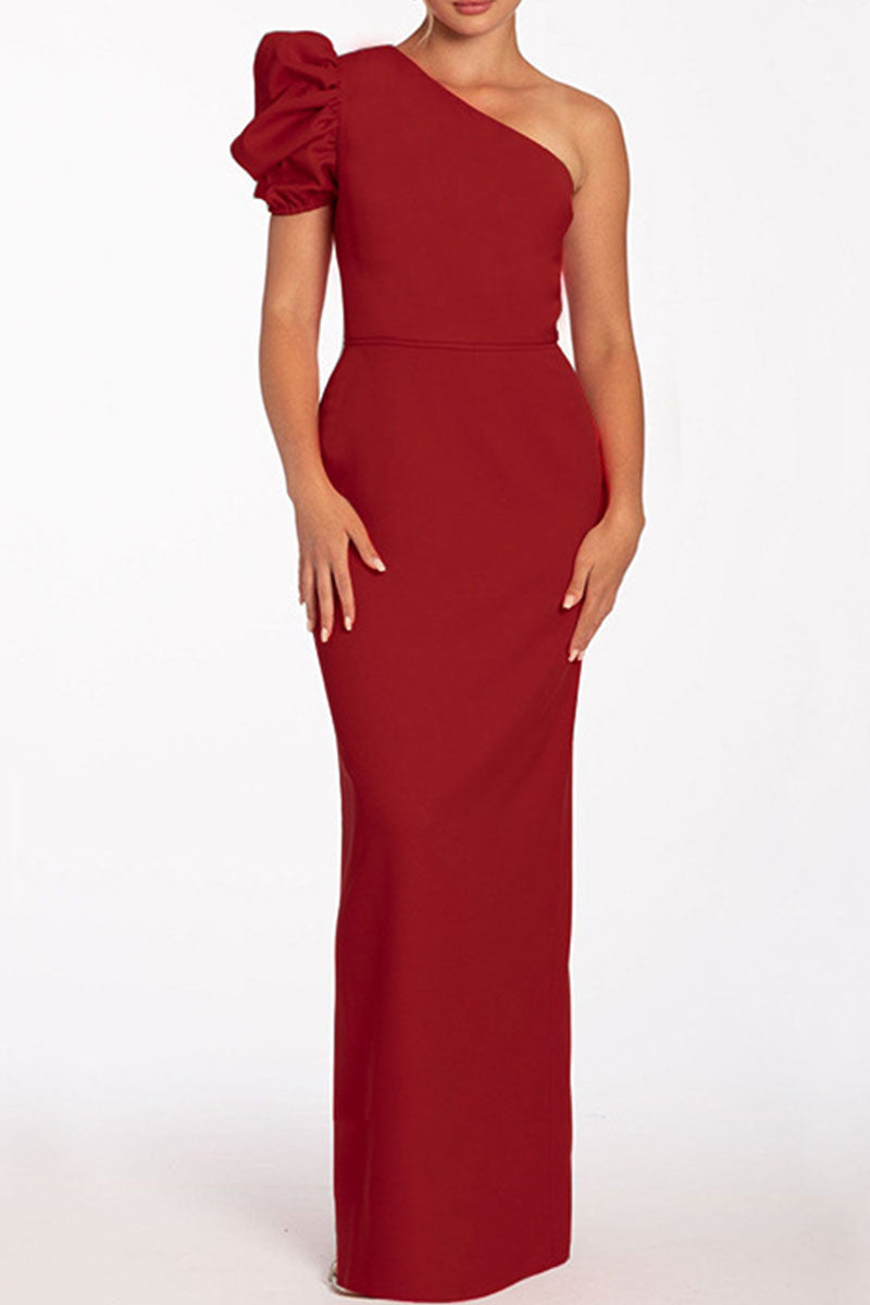 Casual Solid Backless Oblique Collar Long Dresses Burgundy