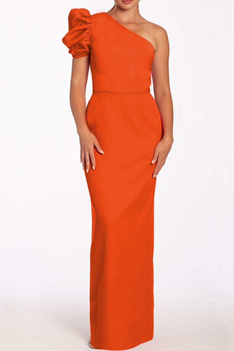 Casual Solid Backless Oblique Collar Long Dresses Orange