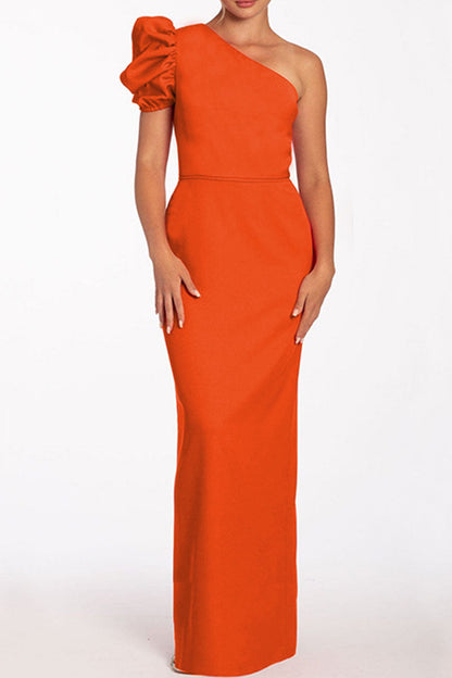 Casual Solid Backless Oblique Collar Long Dresses Orange