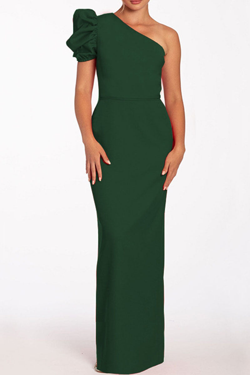 Casual Solid Backless Oblique Collar Long Dresses Green