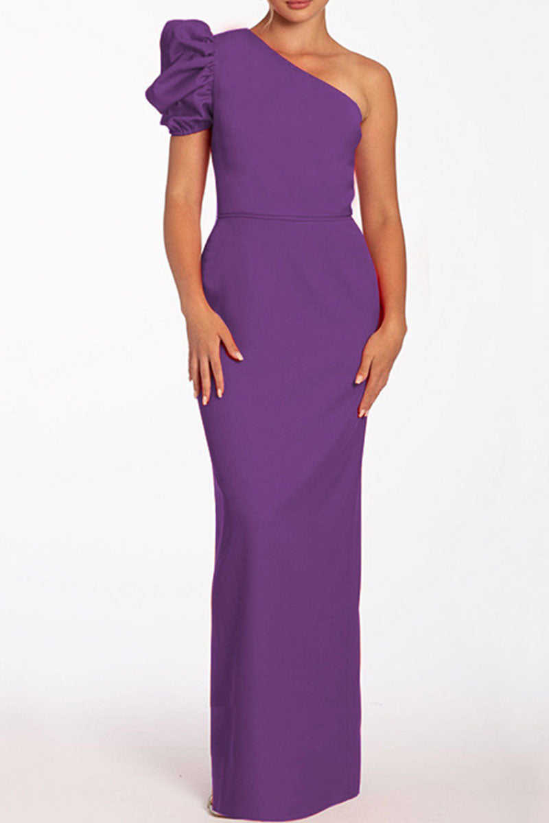 Casual Solid Backless Oblique Collar Long Dresses Purple