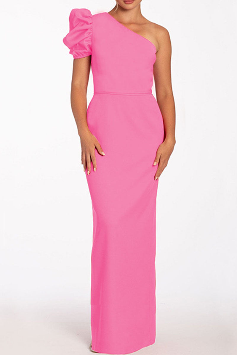 Casual Solid Backless Oblique Collar Long Dresses Pink