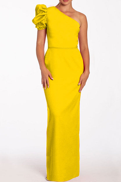 Casual Solid Backless Oblique Collar Long Dresses Yellow