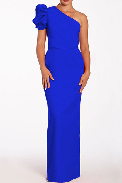 Casual Solid Backless Oblique Collar Long Dresses Blue