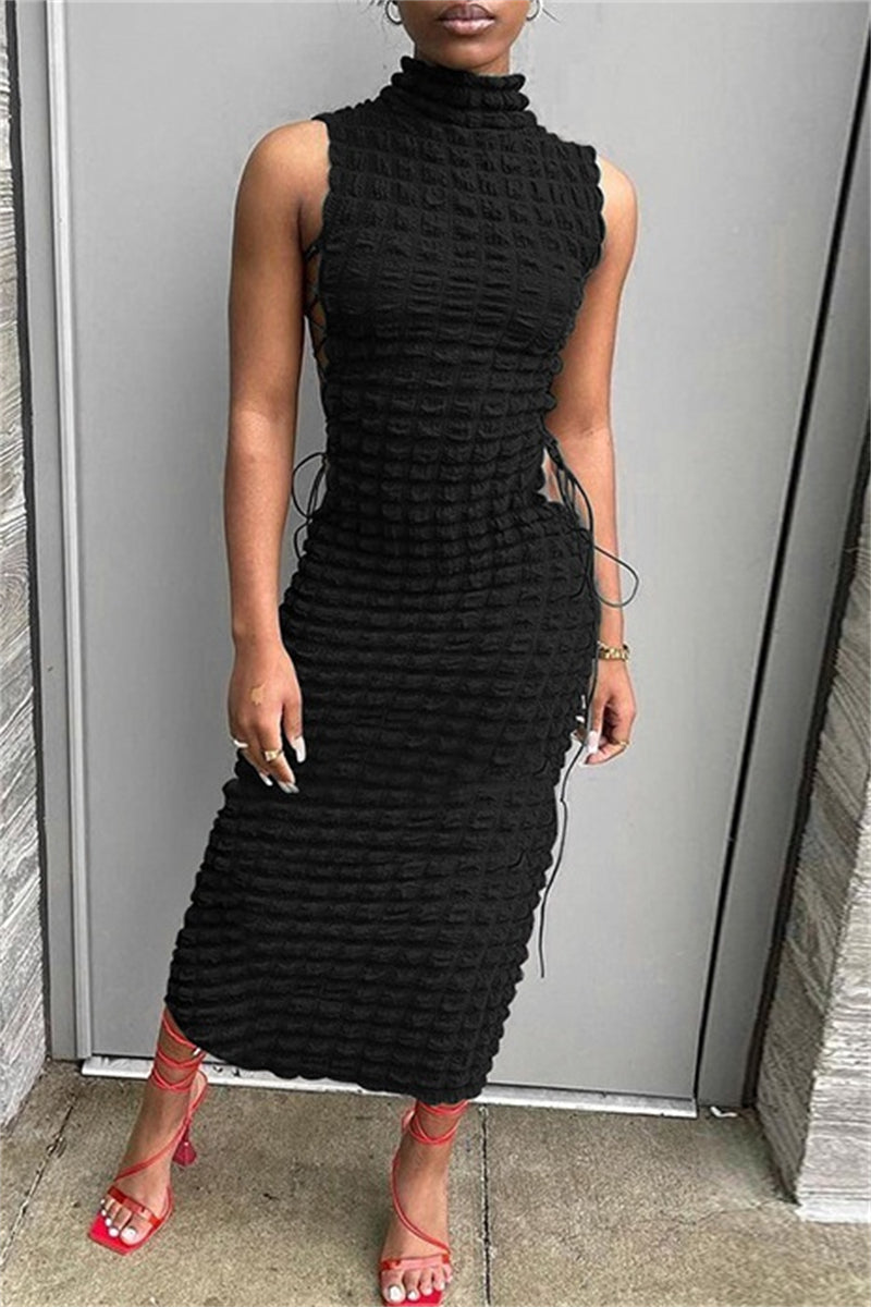 Sexy Casual Solid Frenulum Turtleneck Sleeveless Dresses Black