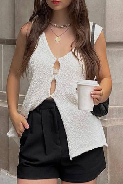 Casual British Style Solid Hollowed Out V Neck Tops White