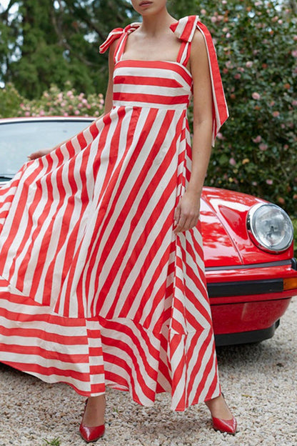 Sweet Striped Print Frenulum Beach Dresses Red