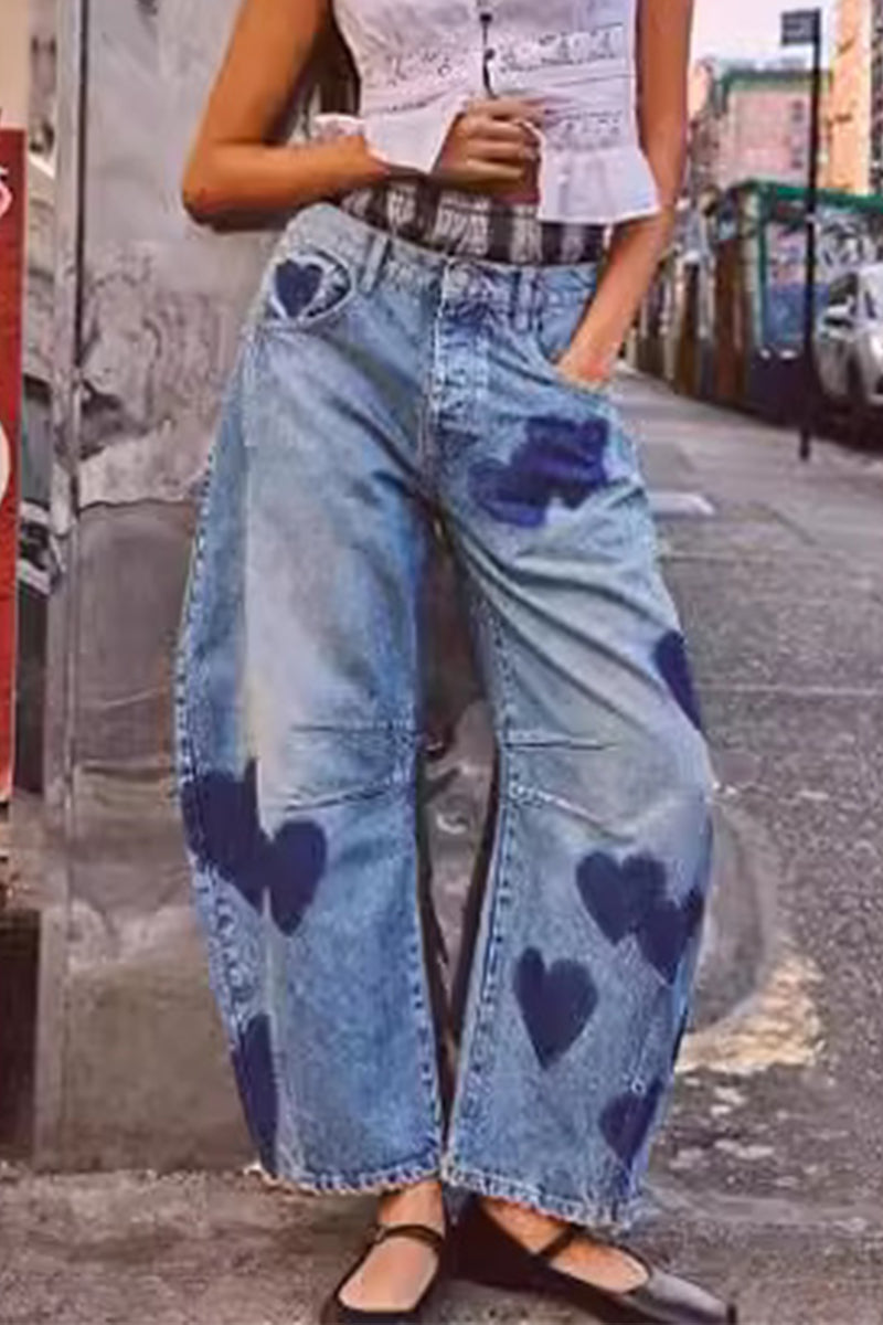 Casual Street Print Heart Shaped Pocket Mid Waist Loose Denim Jeans Blue