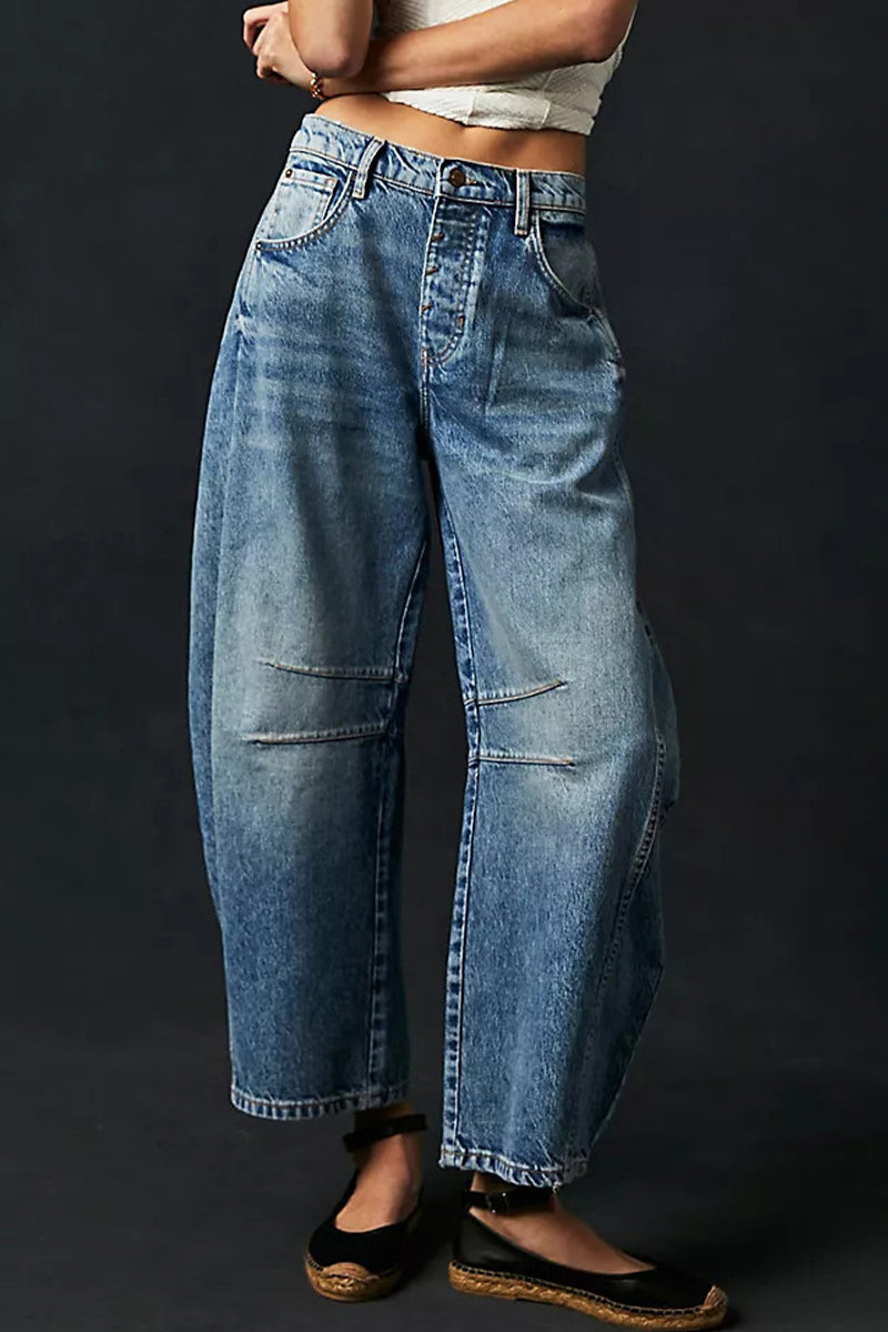 Casual Street Solid Make Old Loose Denim Jeans(No Belt) Blue