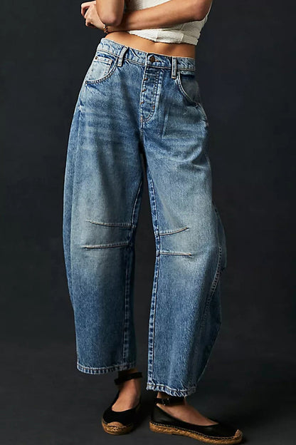 Casual Street Solid Make Old Loose Denim Jeans(No Belt) Blue