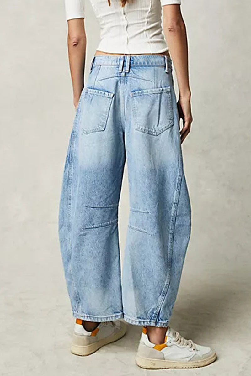 Casual Street Solid Make Old Loose Denim Jeans(No Belt)