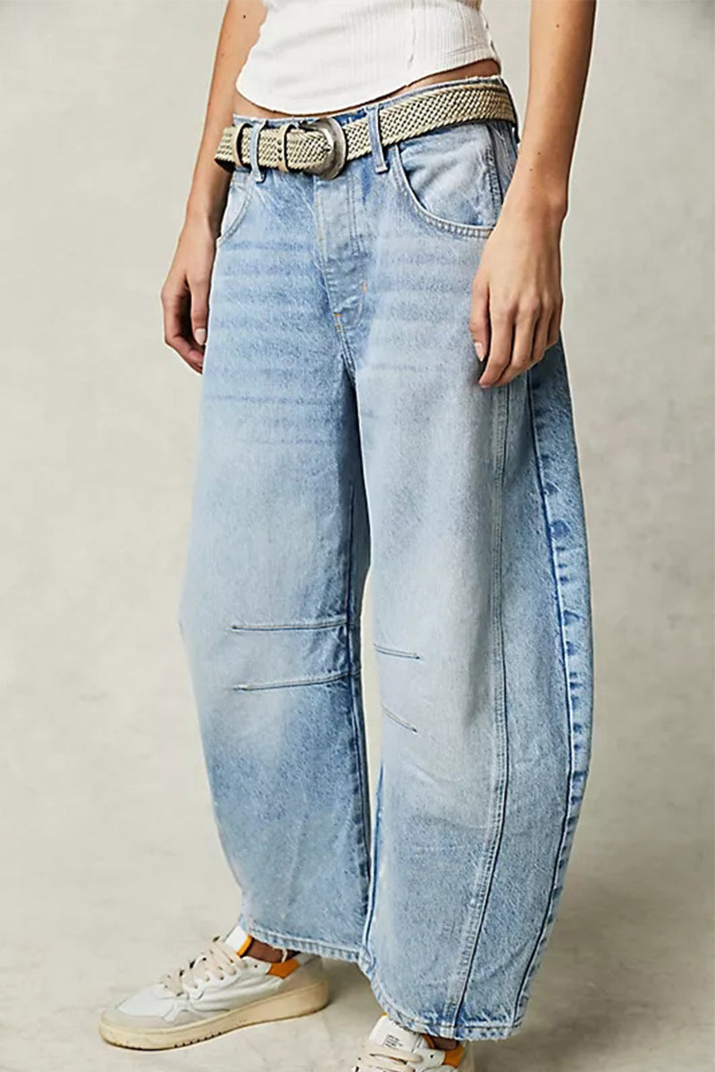 Casual Street Solid Make Old Loose Denim Jeans(No Belt)